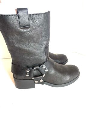 JustFab Black Faux Suede Moto Harness Boots Silver Stud Ring Size 10 NWOT